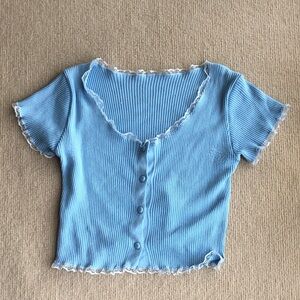 Blue Ribbed Lace-Trim Button-Front Crop Top